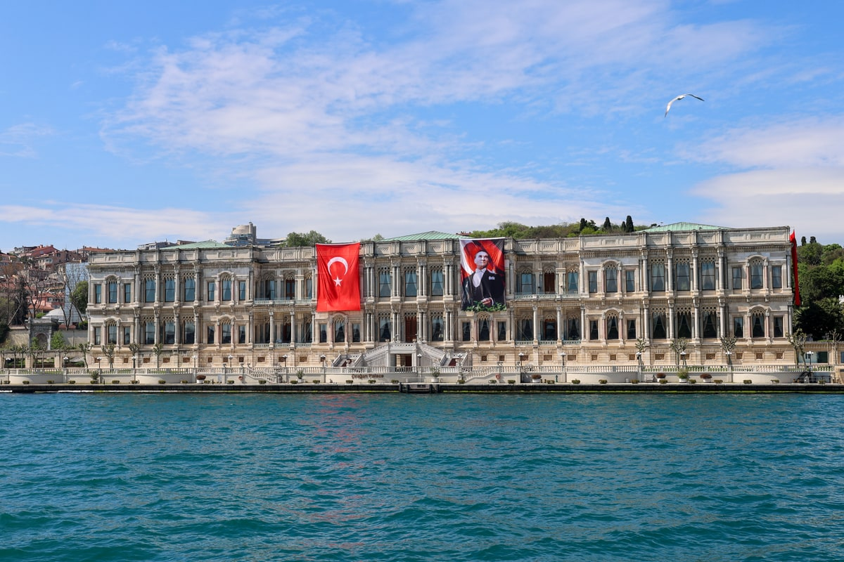 Çırağan Palace seen from the Bosphorus, façade lit by afternoon sun