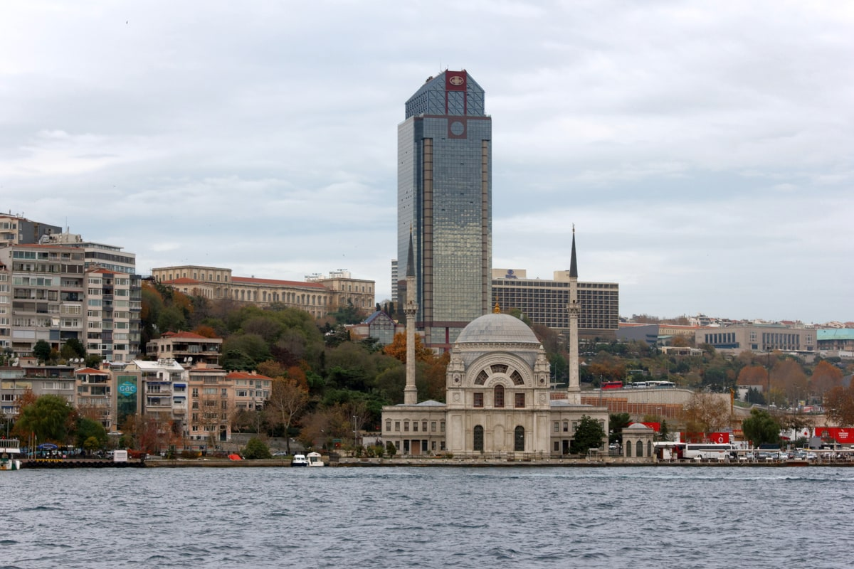 Dolmabahçe Mosque from the Bosphorus, a five-minute walk south of the hotel